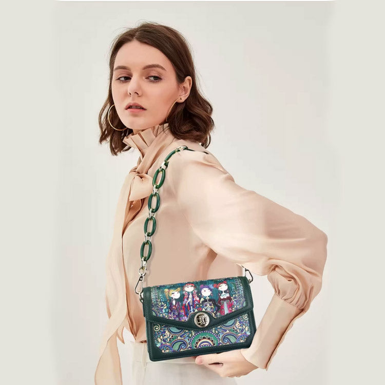 Women's Vintage Printed Crossbody Handbag – Green