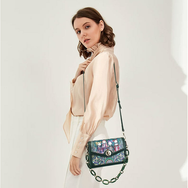 Women's Vintage Printed Crossbody Handbag – Green