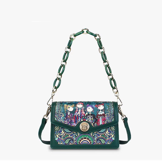 Women's Vintage Printed Crossbody Handbag – Green