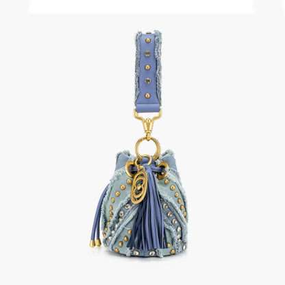Denim Studded Bucket Bag