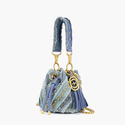 Denim Studded Bucket Bag