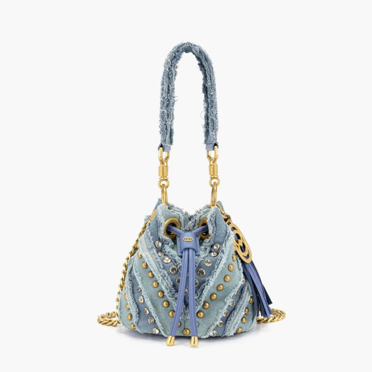 Denim Studded Bucket Bag