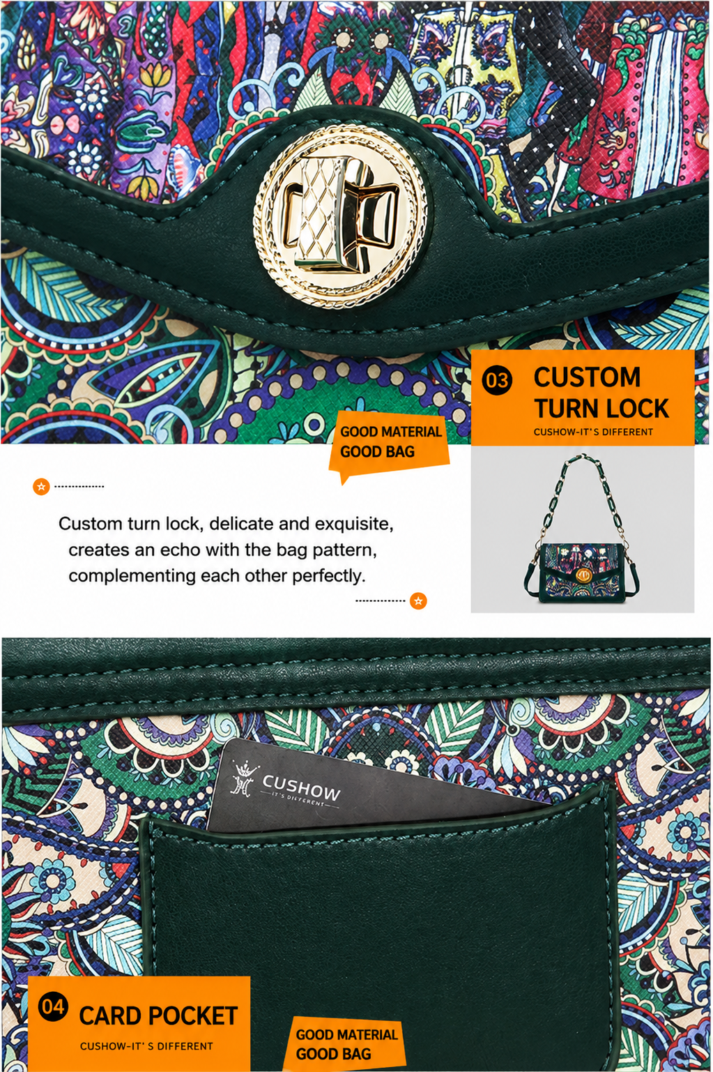 Women's Vintage Printed Crossbody Handbag – Green