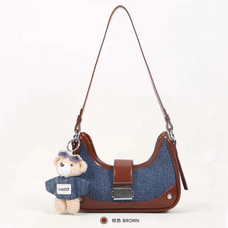 Denim Contrast Shoulder Bag with Bear Charm
