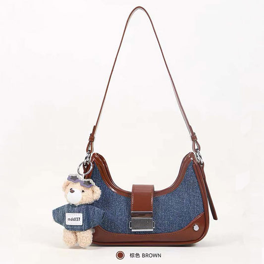Denim Contrast Shoulder Bag with Bear Charm
