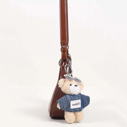 Denim Contrast Shoulder Bag with Bear Charm