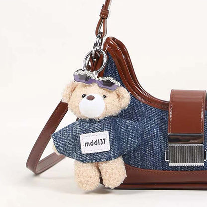 Denim Contrast Shoulder Bag with Bear Charm