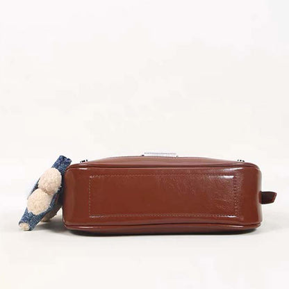 Denim Contrast Shoulder Bag with Bear Charm