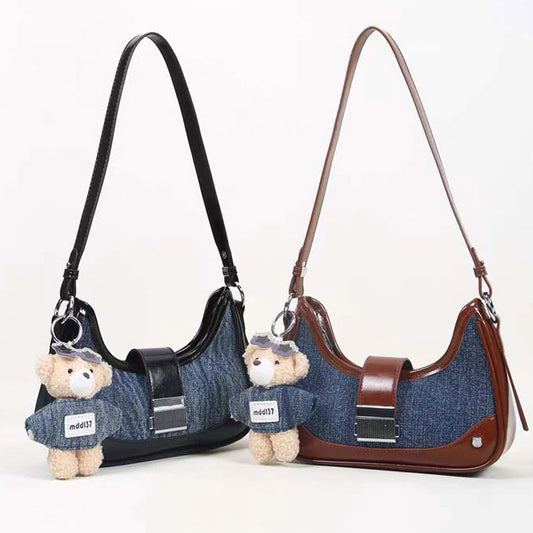 Denim Contrast Shoulder Bag with Bear Charm