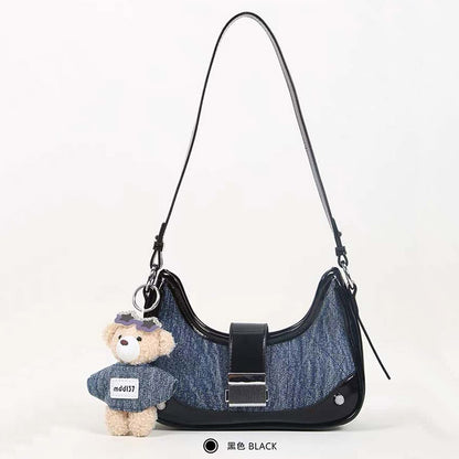Denim Contrast Shoulder Bag with Bear Charm