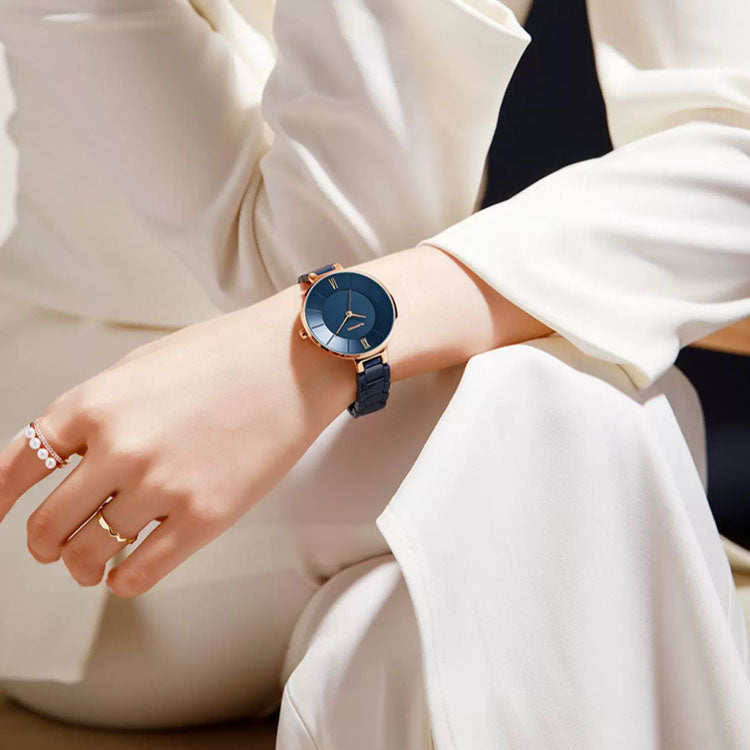 Women's Minimalist Ceramic Watch – Blue Dial