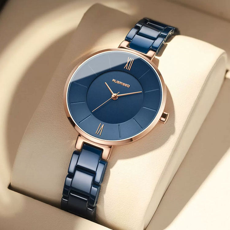 Women's Minimalist Ceramic Watch – Blue Dial
