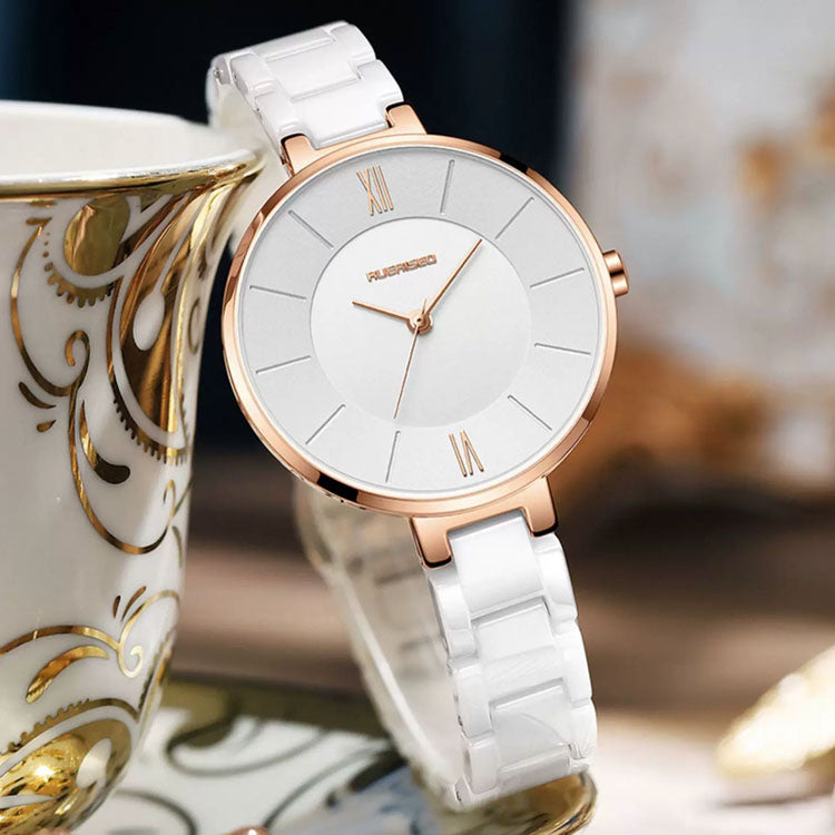 Women's Minimalist Ceramic Watch – Blue Dial