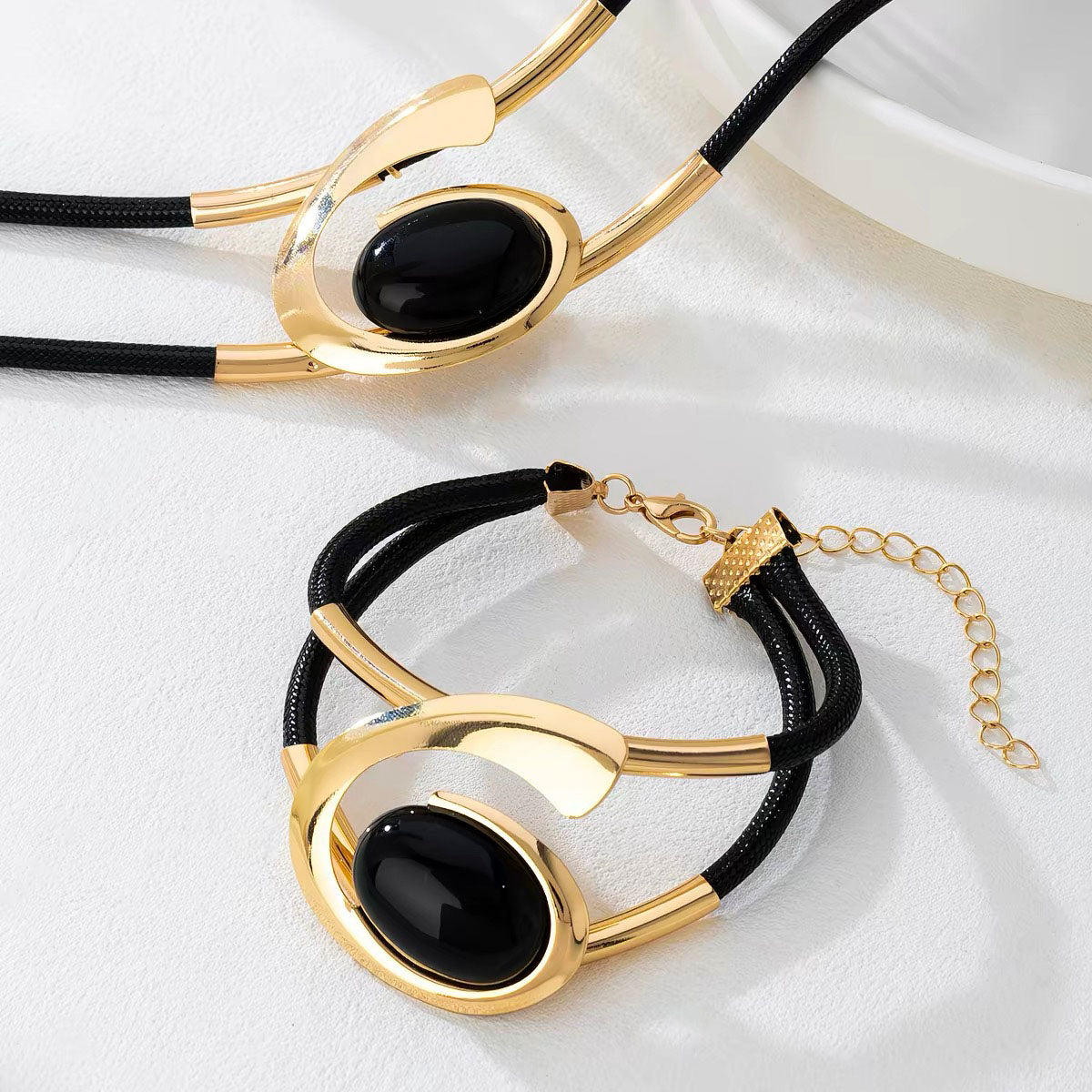 Modern Black Cord Necklace & Bracelet Set