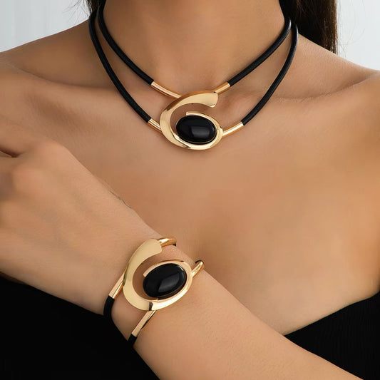 Modern Black Cord Necklace & Bracelet Set