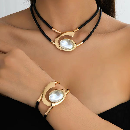 Modern Black Cord Necklace & Bracelet Set