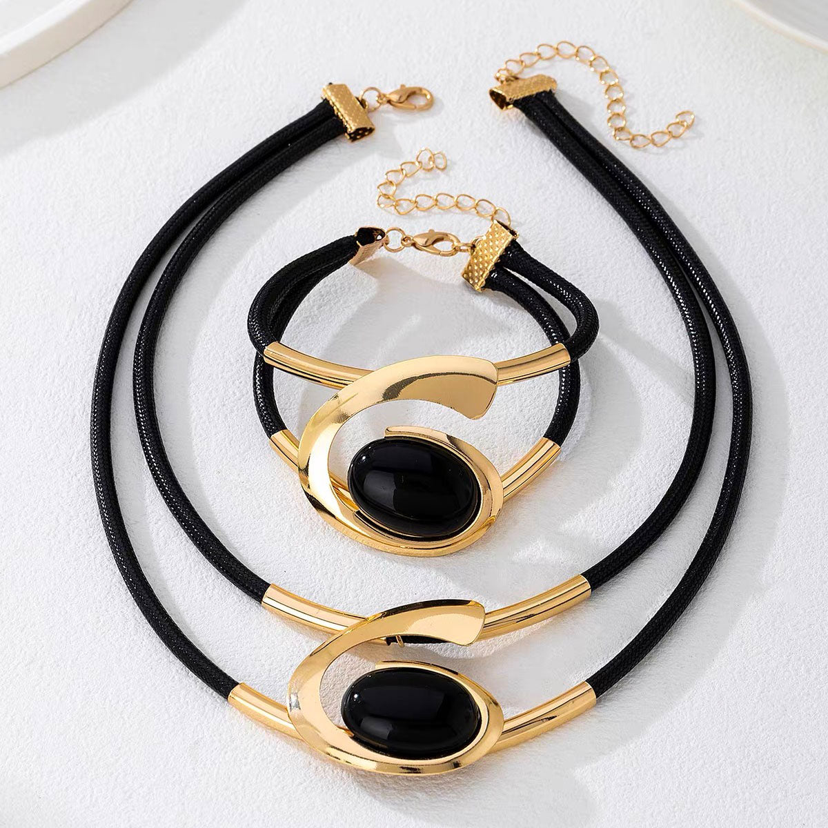 Modern Black Cord Necklace & Bracelet Set