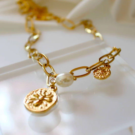 Vintage Coin Charm Pearl Necklace