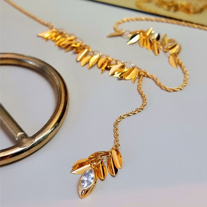 Elegant Leaf Crystal Y Necklace