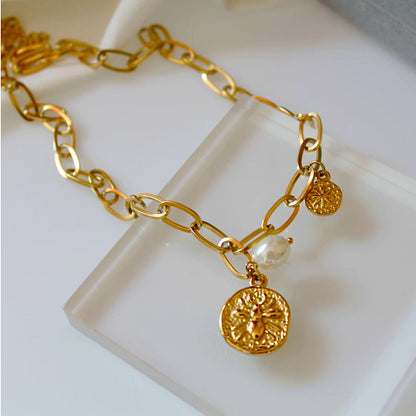 Vintage Coin Charm Pearl Necklace