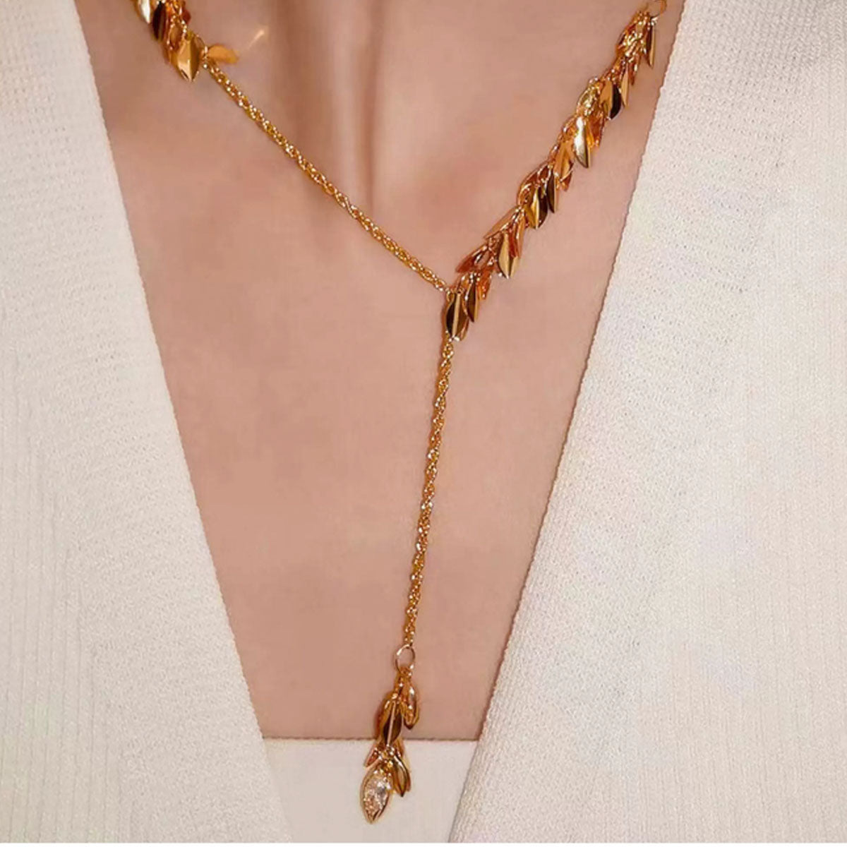 Elegant Leaf Crystal Y Necklace