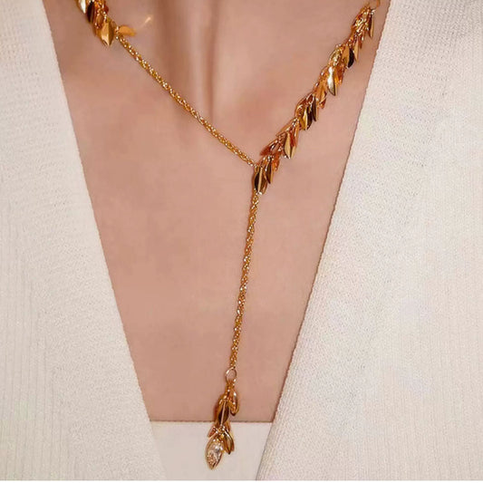 Elegant Leaf Crystal Y Necklace