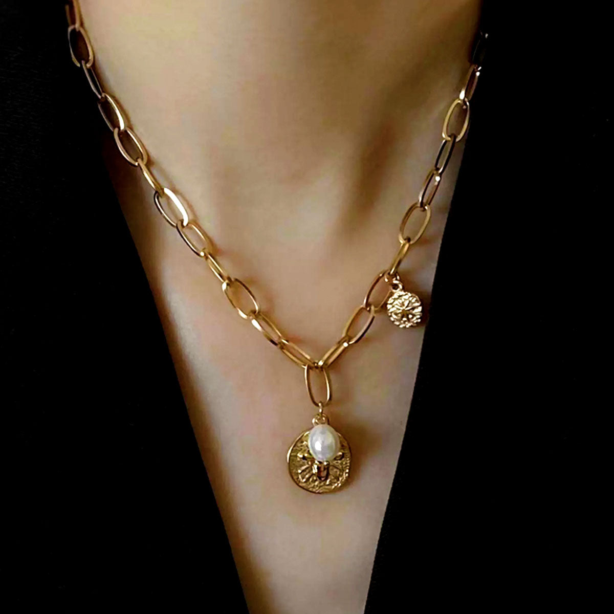 Vintage Coin Charm Pearl Necklace