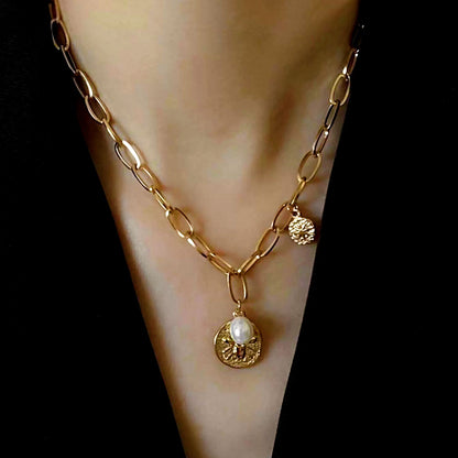 Vintage Coin Charm Pearl Necklace